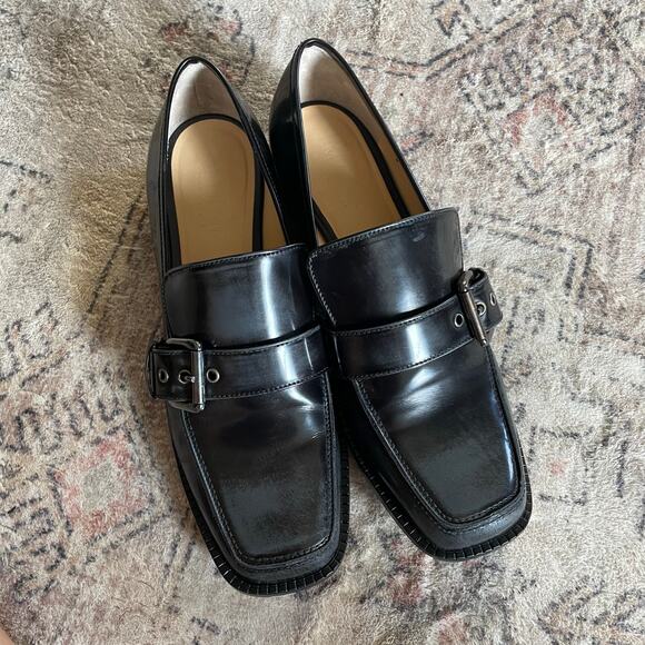 M. Gemi Large Buckle Black Leather Preppy Loafers Scuola EU 38 Block Heels EUC - Picture 11 of 13